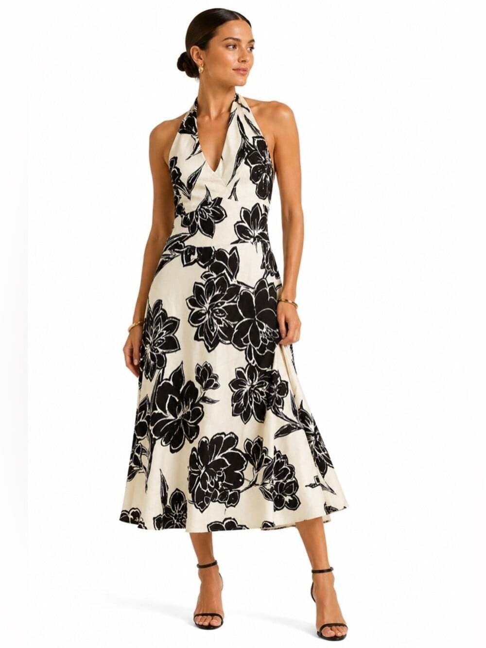 Ann Taylor Floral Dress Womens 0 Black Ivory Halter Fit Flare Party Wedding